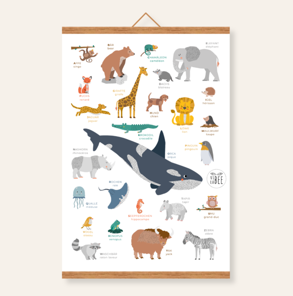 ABC Tierposter von VILUBEE mit Tier-Motiven/Illustrationen auf weißem Hintergrund